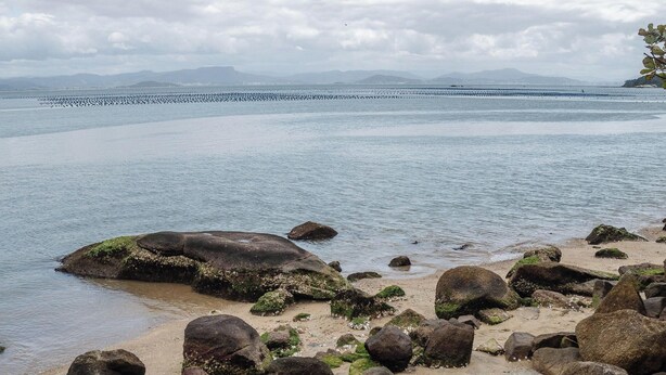A coastal landscape with a sandy beach, large rocks, and a calm sea.