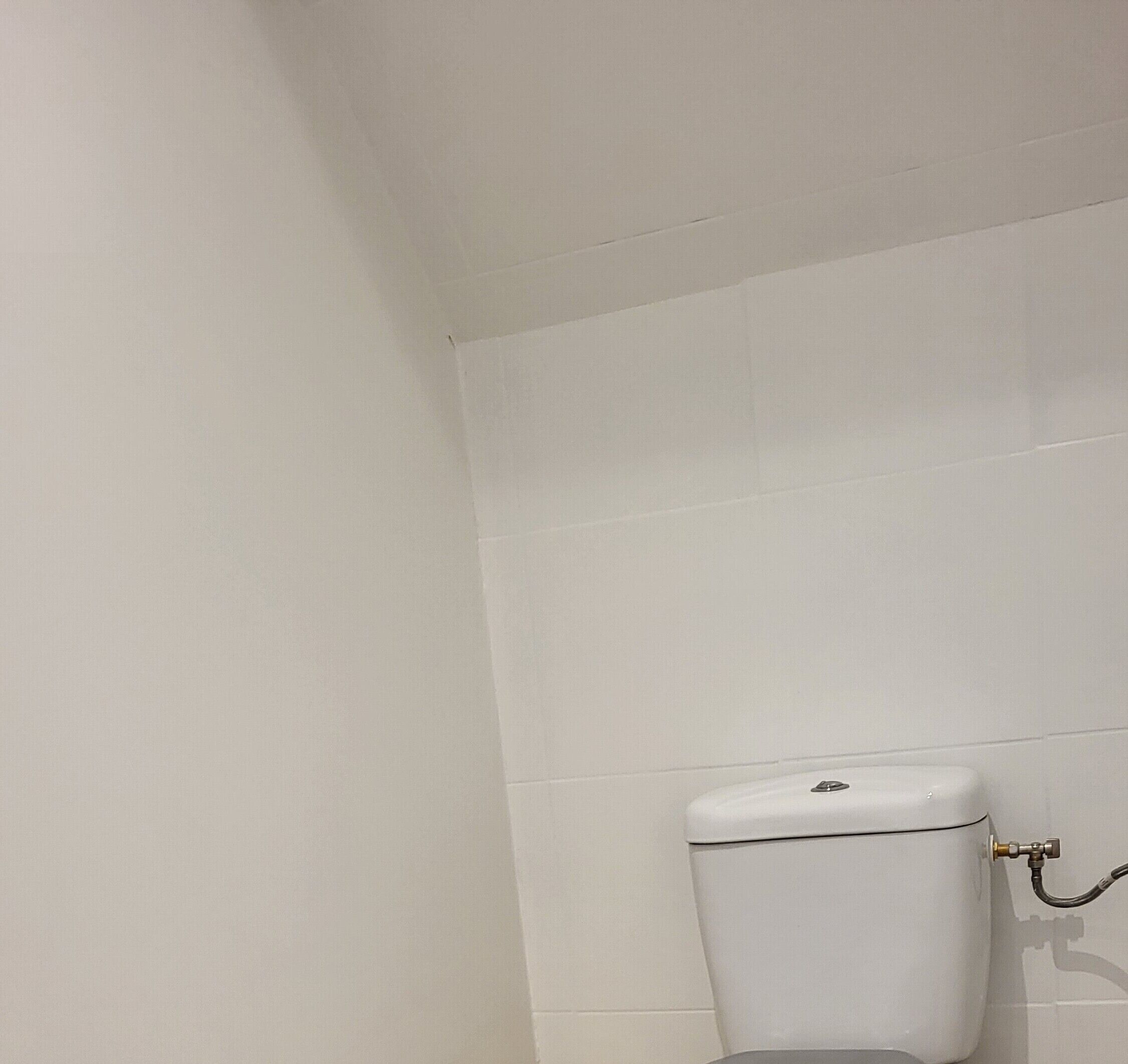A white toilet in a bathroom with white tiled walls.