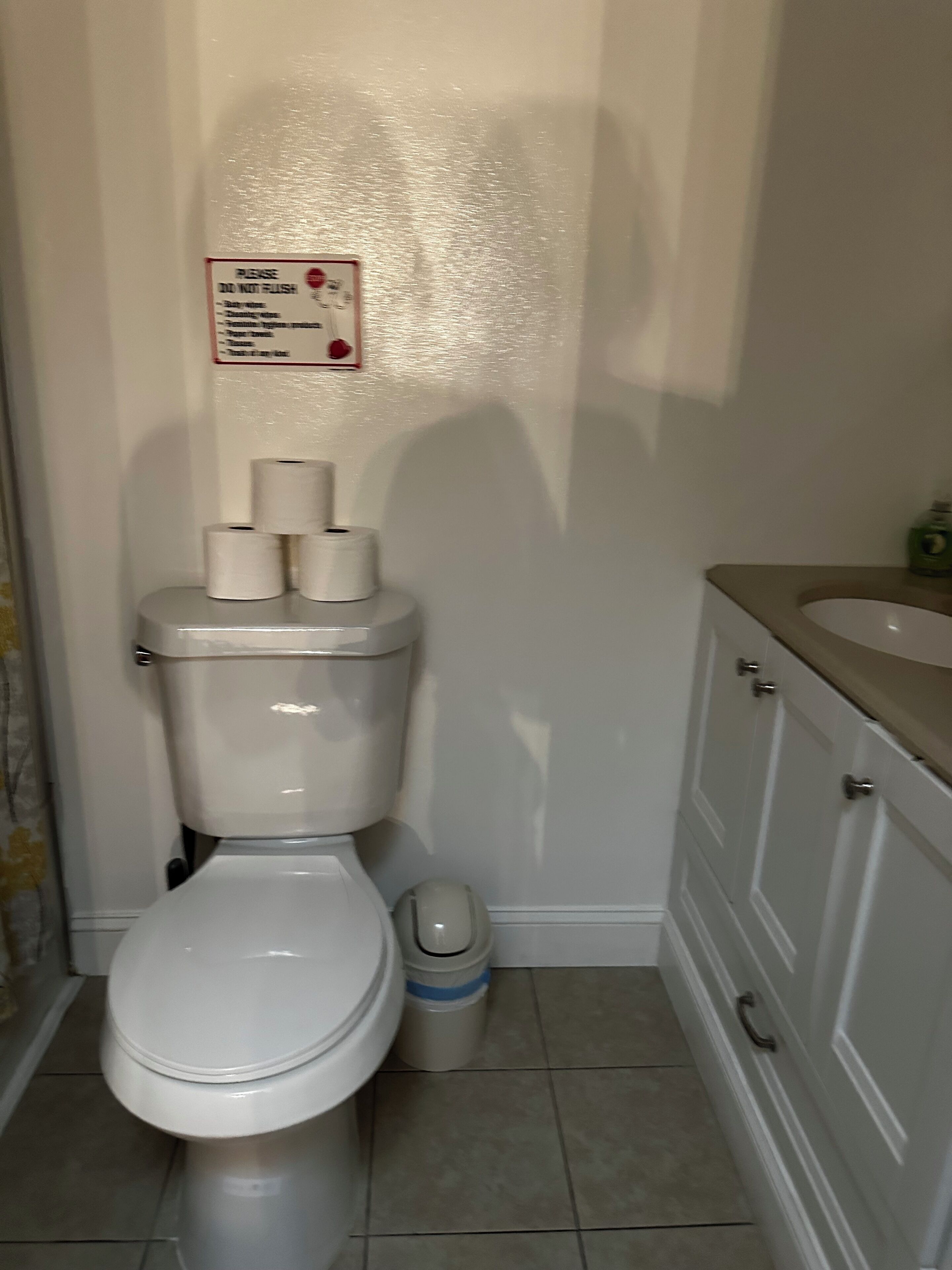 A bathroom with a toilet, a trash bin, and a cabinet with a sink.