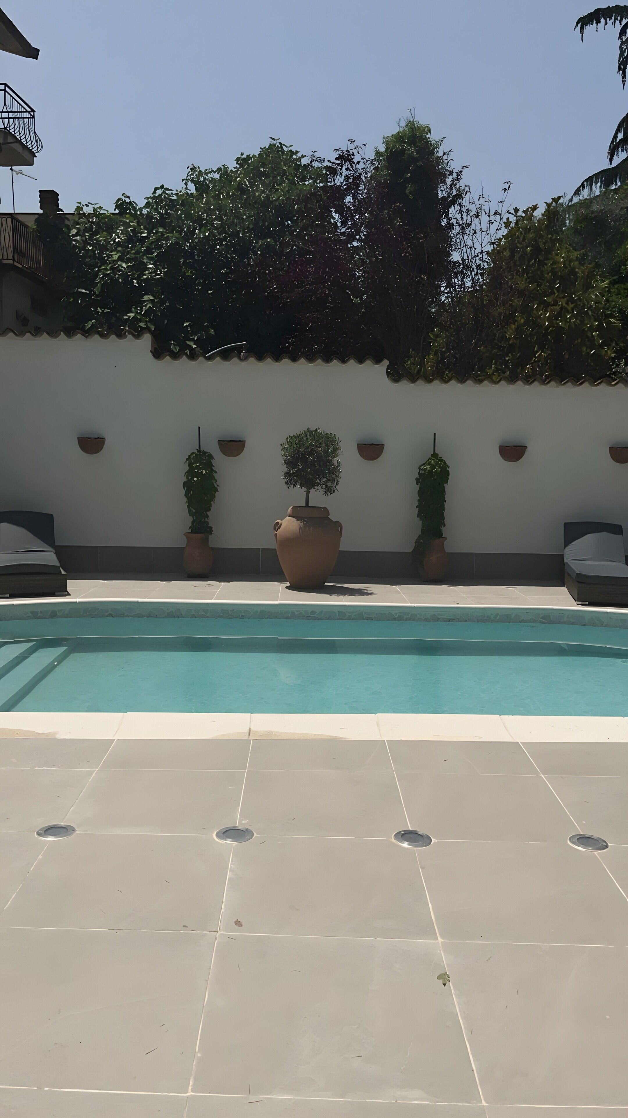 A swimming pool with a tiled deck, potted plants, and a white wall with a decorative border.