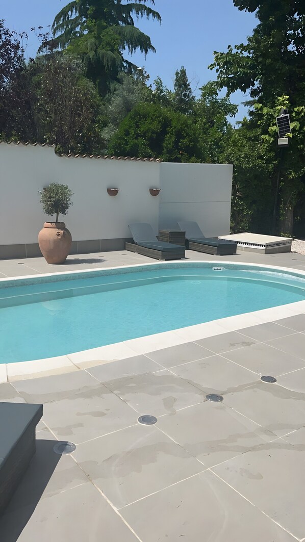Ein Pool mit gefliestem Boden, einer Topfpflanze und Gartenmöbeln.