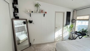 A bedroom with a bed, a ceiling fan, a large mirror, a shelf with plants, and a door.