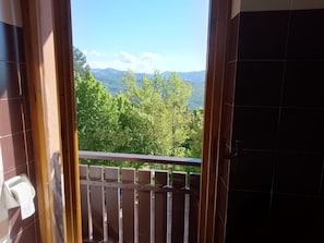 Ein Balkon mit Blick auf grüne Bäume und Berge.
