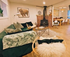 Télévision, cheminée, table de tennis de table, chaîne hi-fi