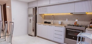 Fridge, microwave, oven, stovetop