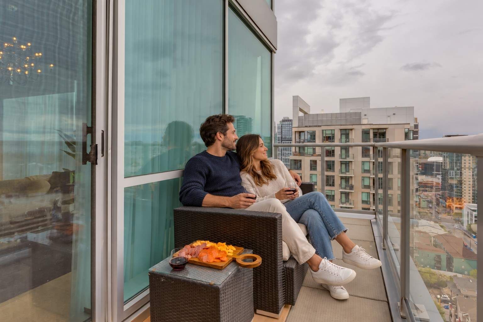 Fresh air, good company and a little time above the bustle. AI-staged lifestyle scene on the balcony.