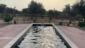 A rectangular water feature with a reflective surface, surrounded by a paved walkway and potted plants. - Holiday Home 'Herdade Da Carapuça' with Mountain View, Private Pool and Wi-Fi (Portalegre)