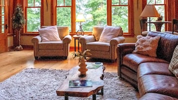 Smart TV, fireplace, books