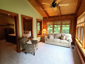 Smart TV, fireplace, books