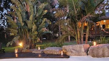 Outdoor pool, pool umbrellas, pool loungers