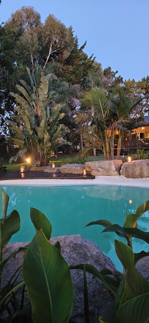 Outdoor pool, pool umbrellas, sun loungers