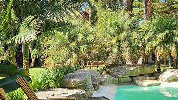 Outdoor pool, pool umbrellas, pool loungers