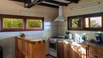 A kitchen with wooden cabinets, a gas stove, a built-in oven, and a window with a view of trees.