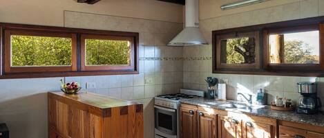 Eine Küche mit Holzausstattung, einem Gasherd, einem Backofen und einem Fenster mit Blick auf Bäume.