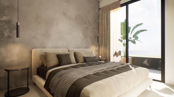 Une chambre à coucher moderne avec un grand lit, une table de chevet et une grande fenêtre donnant sur un beau paysage.