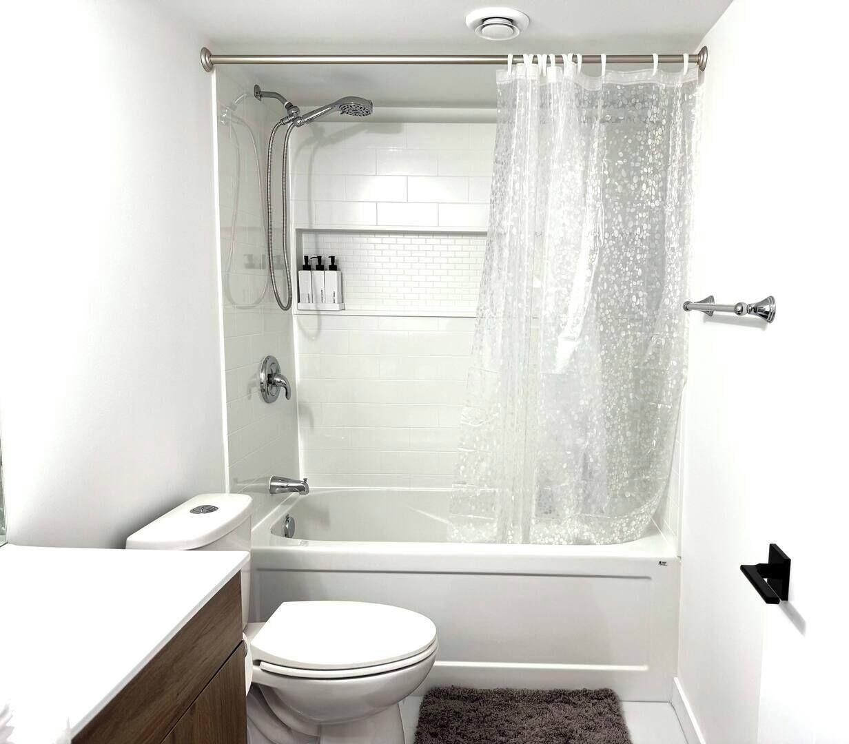 Asciugacapelli, asciugamani, sapone, shampoo