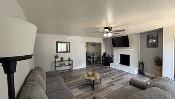 Smart TV, fireplace, computer monitors, printers