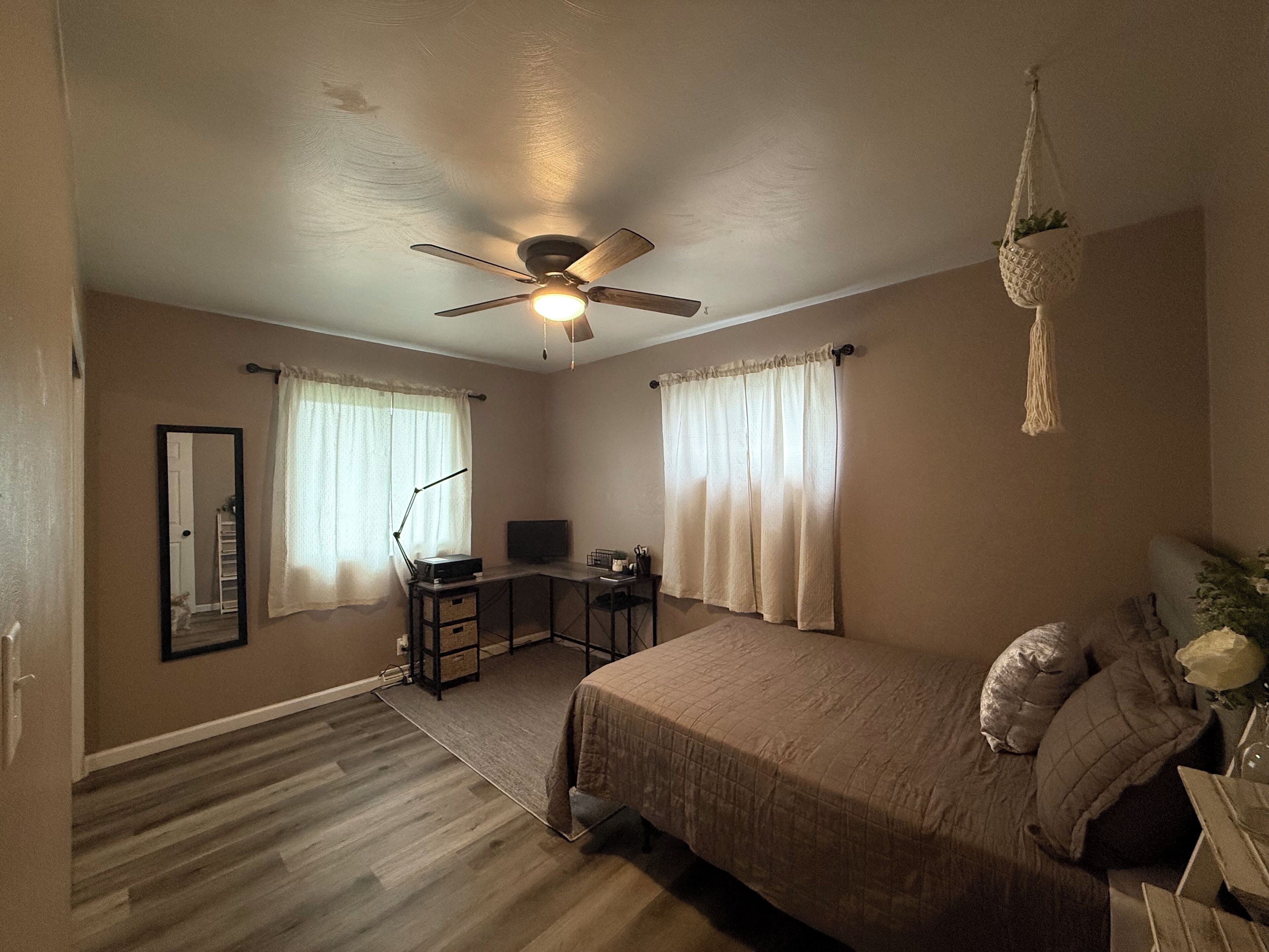 Un dormitorio con cama, escritorio, ventilador de techo y planta colgante.