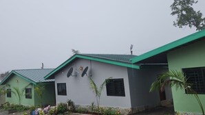 A row of two-story houses with green roofs and grey walls, surrounded by small plants and a gravel driveway. - Tetra Jungle Lodge (Akropong)