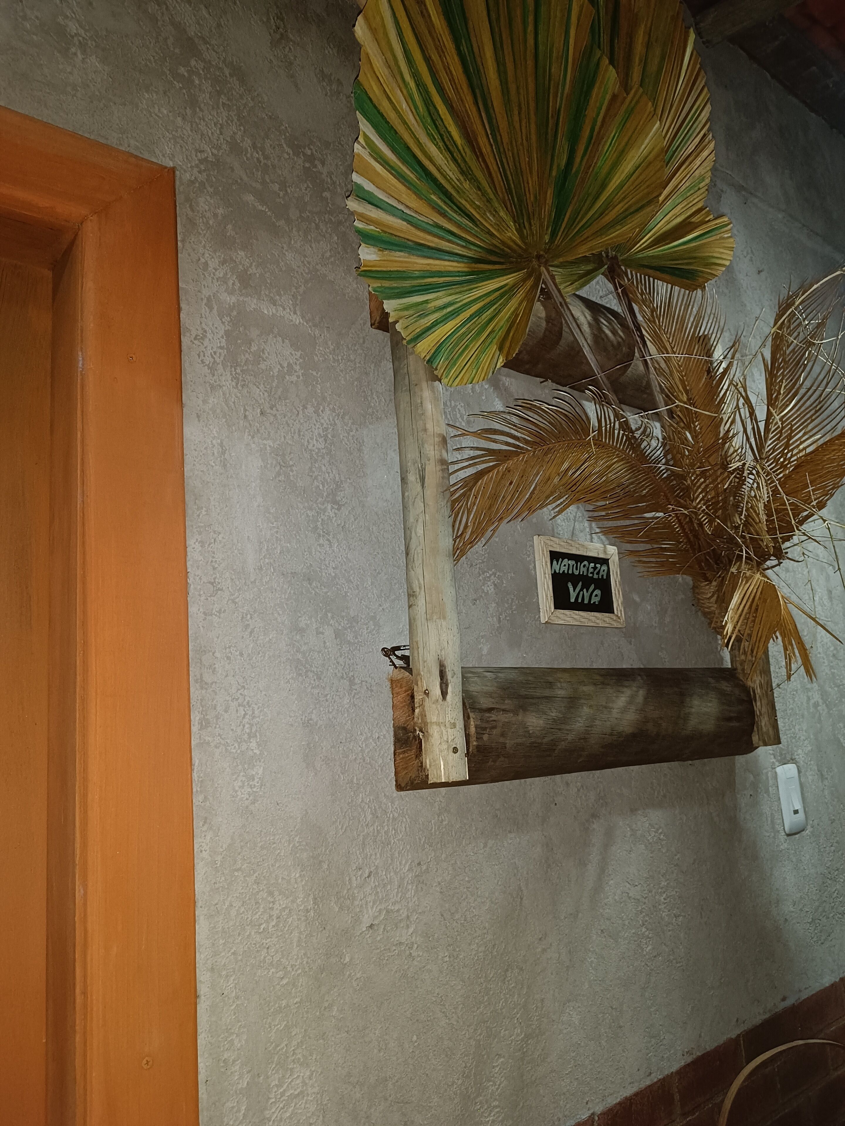 Un estante de madera fijado a la pared con un letrero que dice "NATUREZA Viva" y una planta decorativa.