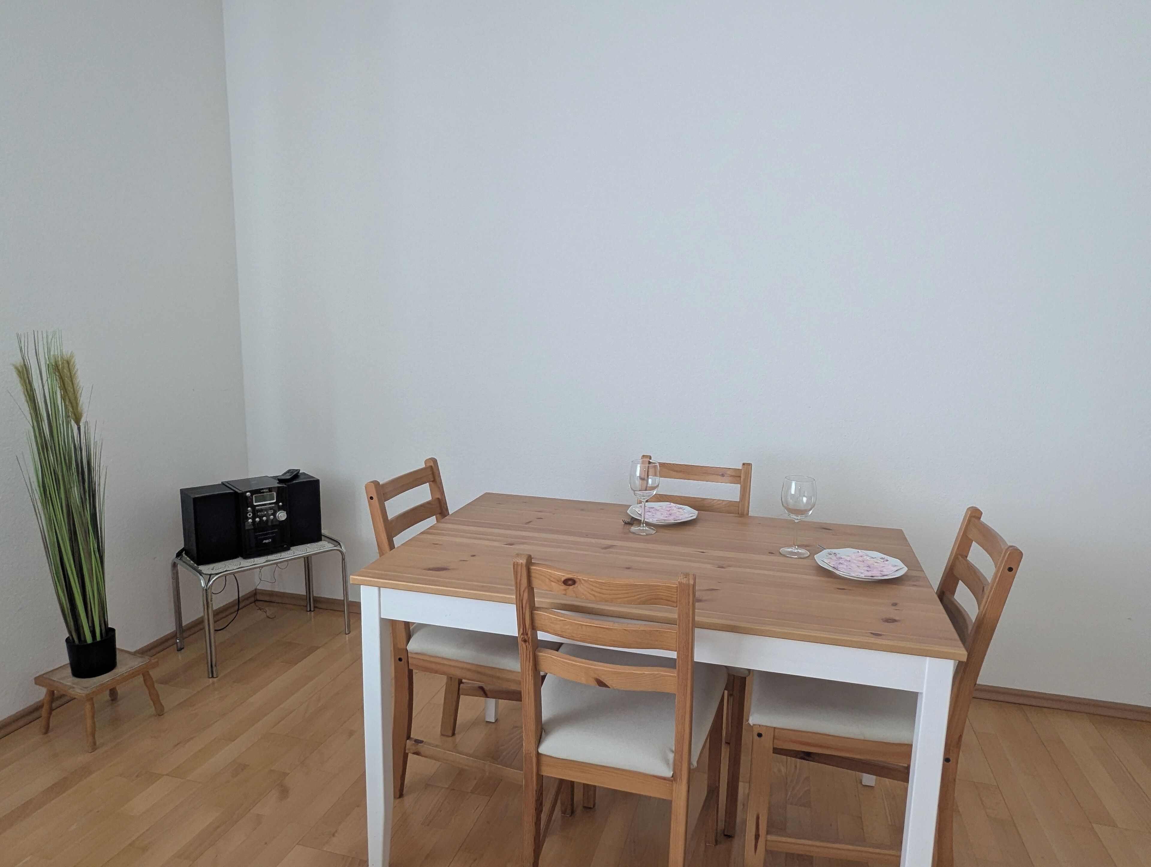 Una mesa de comedor con cuatro sillas, una planta pequeña en maceta y un radio en una mesita auxiliar.
