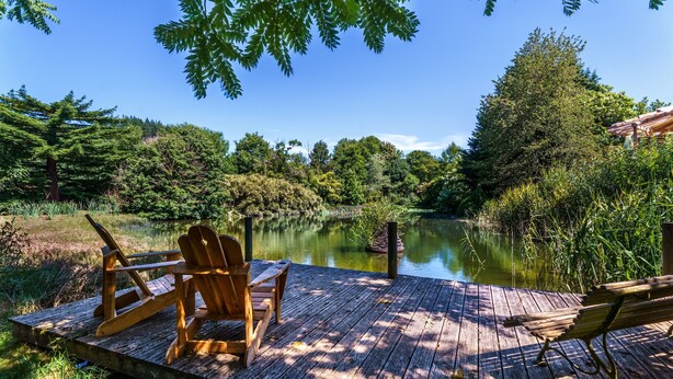 Une jetée en bois, agrémentée de chaises Adirondack, surplombe un lac paisible, entouré d’une végétation luxuriante.