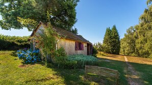 A rustic wooden cabin with a path leading to it, surrounded by lush greenery and trees.