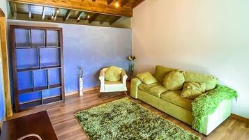 Un salon chaleureux avec un plafond en bois, un canapé vert et un tapis à motifs.