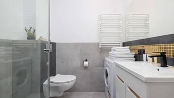 Shower, hair dryer, towels, shampoo
