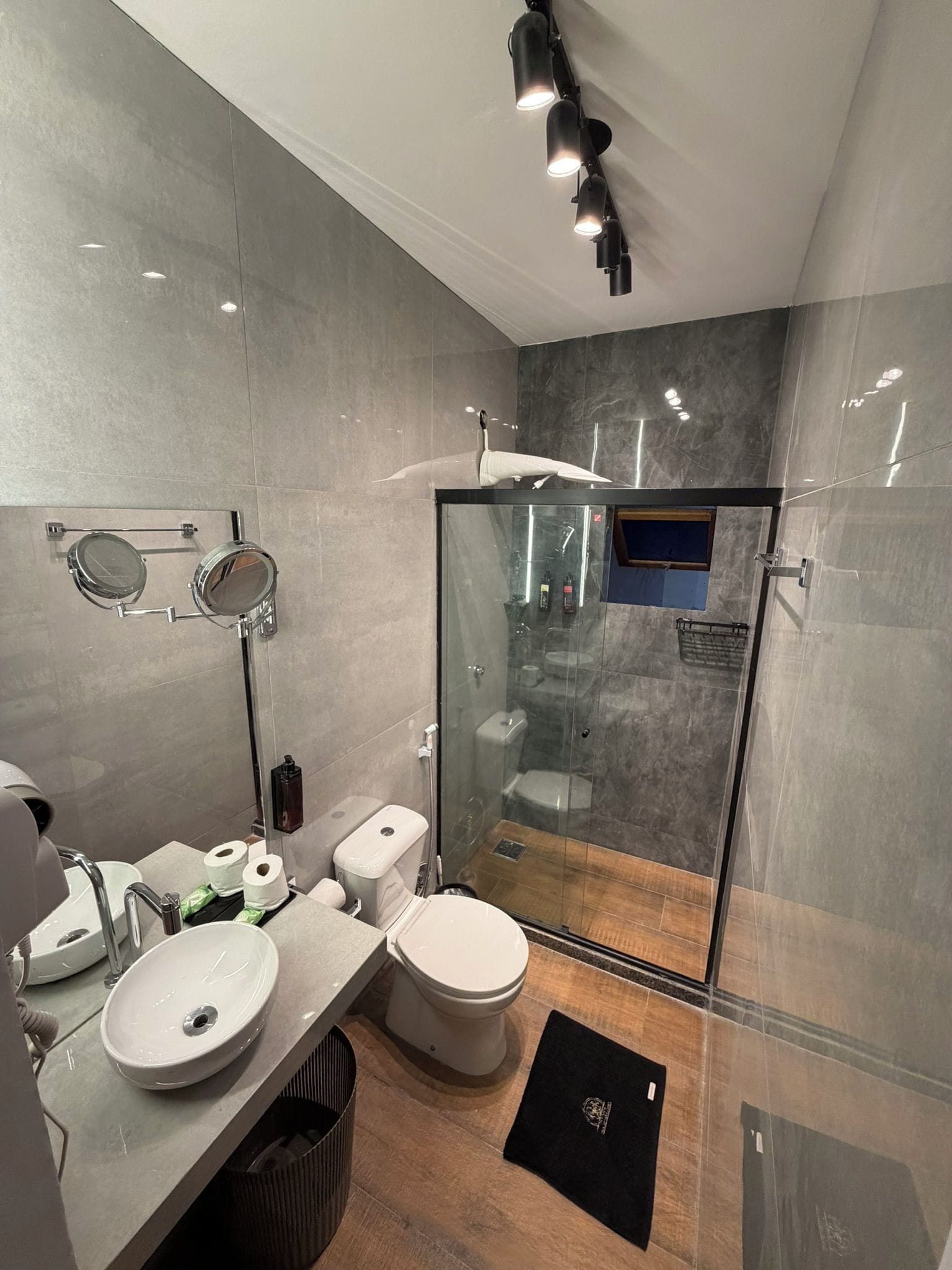 A modern bathroom with a glass-enclosed shower, a vanity with a sink, and a toilet.