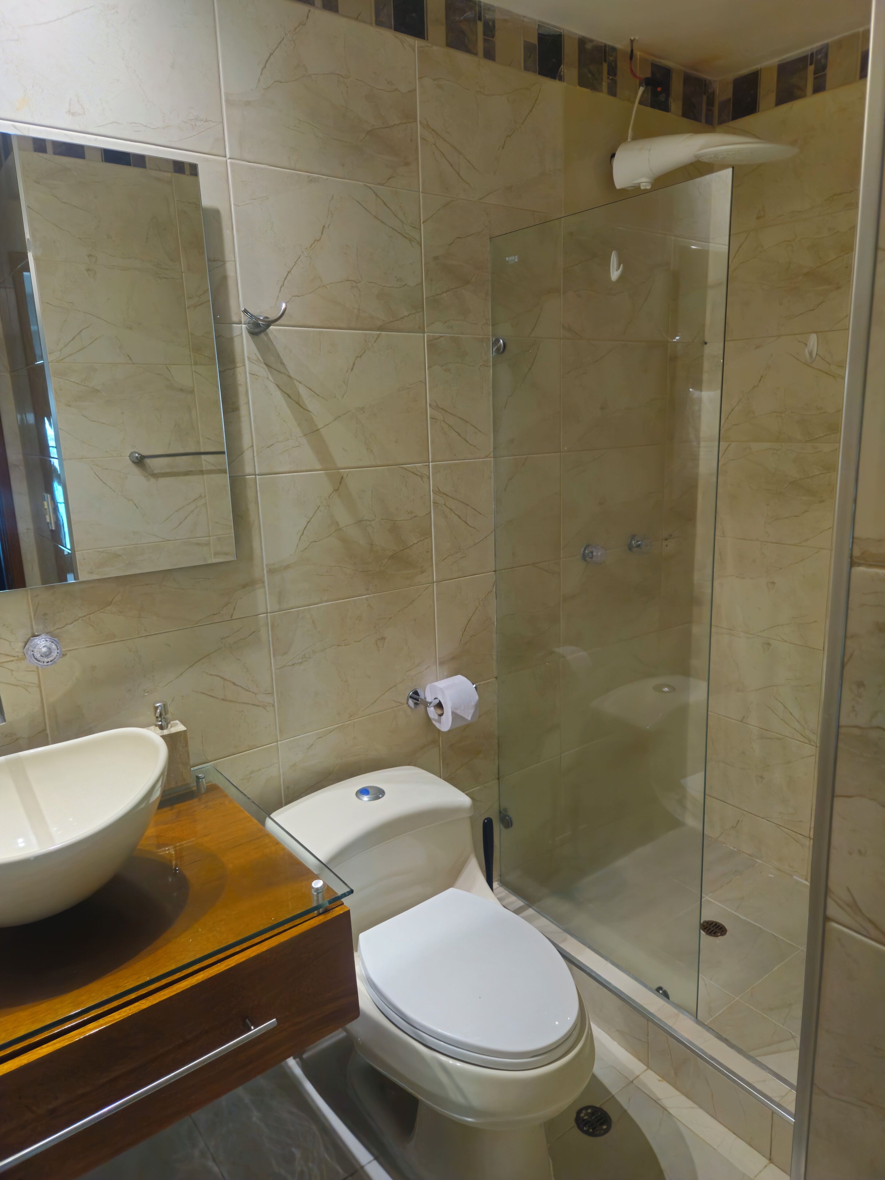 A bathroom with a glass-enclosed shower, a white toilet, and a large mirror above the sink.