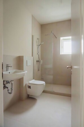 Regadera, secadora de cabello, toallas, shampoo 