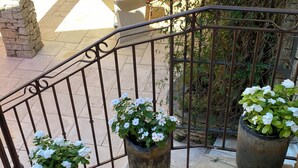 Eine Treppe mit drei großen Kübelpflanzen mit weißen Blüten.