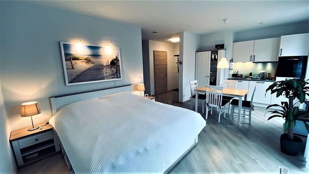 A modern hotel room with a large bed, a desk, and a kitchenette. - Warnowperle (Rostock)