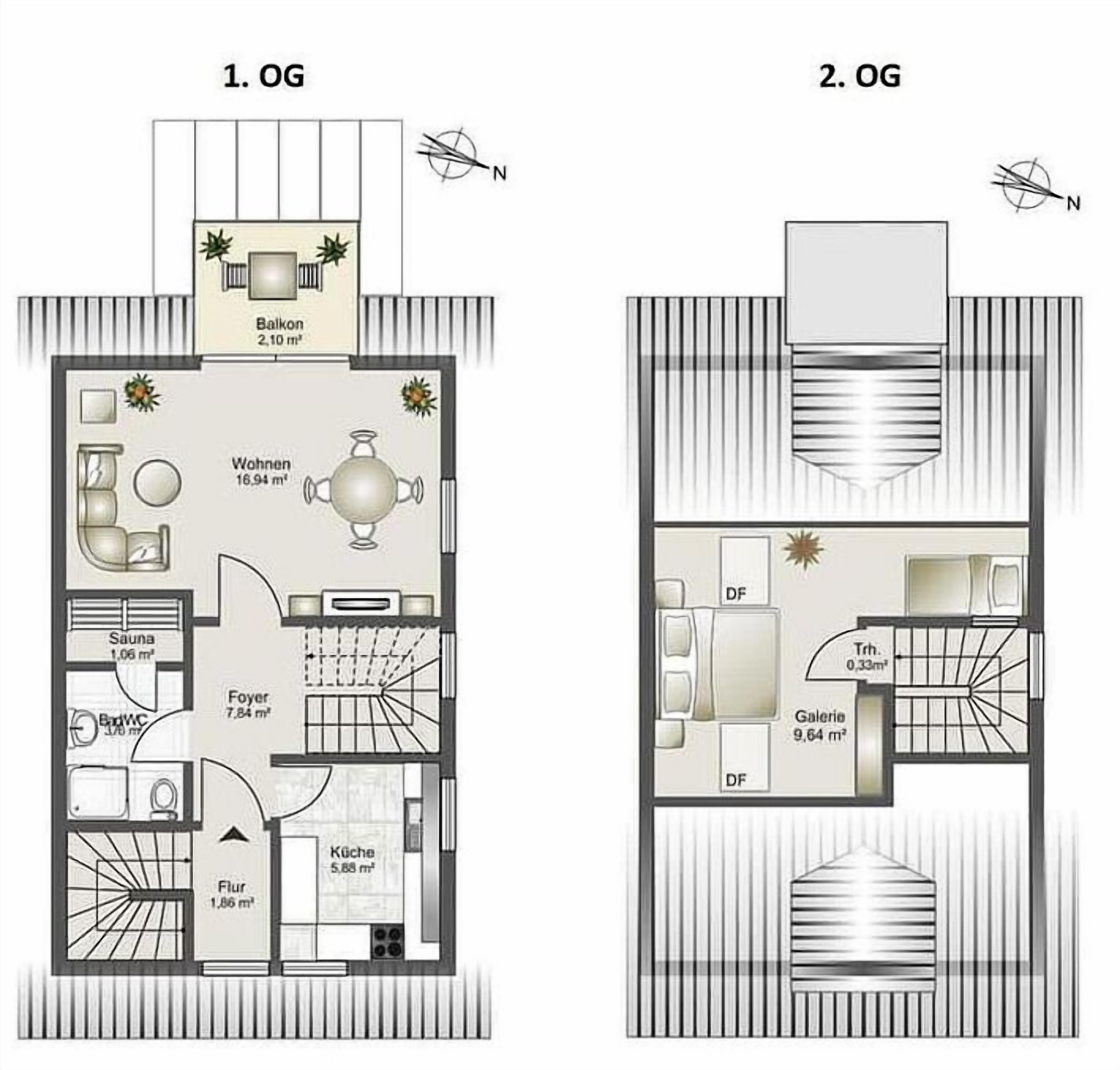 Zwei Grundrisse eines Hotels mit Balkon, Wohnzimmer, Küche, Bad, Sauna und Eingangsbereich.
