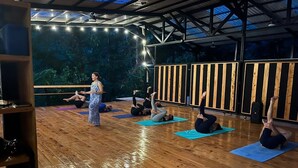 A yoga class in a wooden-floored room with a view of trees through a glass ceiling.