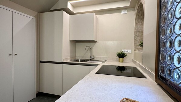Fridge, dishwasher, cookware/dishes/utensils