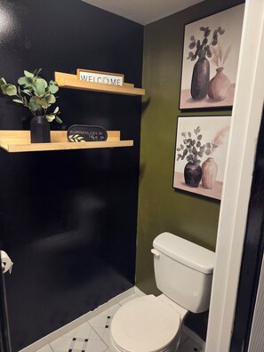 Hair dryer, towels, soap, toilet paper