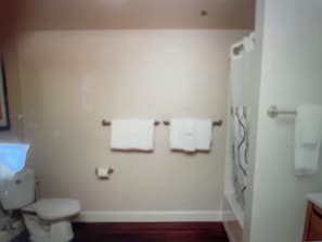 Secadora de cabello, toallas, jabón, papel de baño
