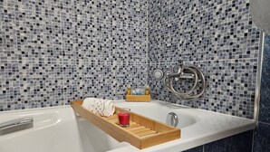 Hair dryer, towels, shampoo