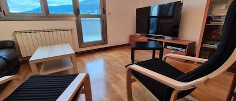 A living room with a sofa, a chair, a TV, and a bookshelf.