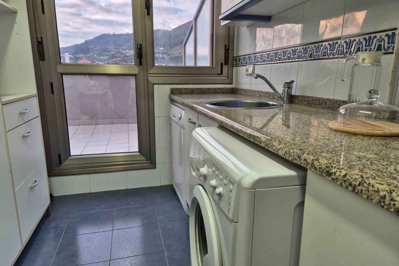 A compact kitchen with a washing machine, a sink, and a window with a view of a hilly landscape.
