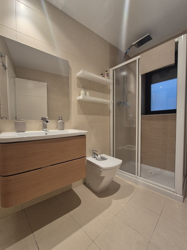 Shower, hair dryer, towels