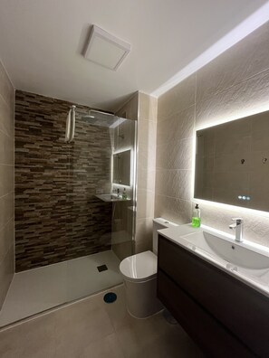 Shower, hair dryer, towels