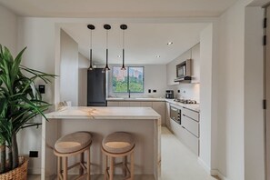 Fridge, microwave, oven, cookware/dishes/utensils