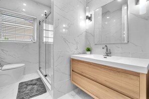 Shower, hair dryer, towels