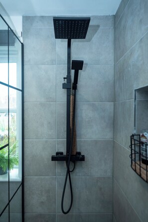 Shower, hair dryer, towels, soap