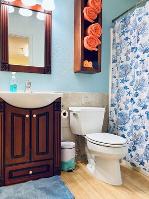 Sèche-cheveux, serviettes fournies, savon, shampoing