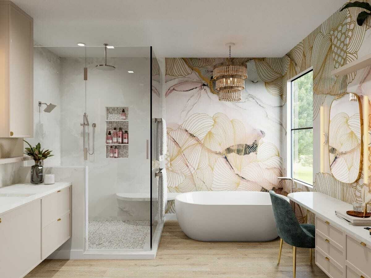 Une salle de bain moderne avec une baignoire sur pieds, une douche à l’italienne et un meuble-lavabo avec un miroir.