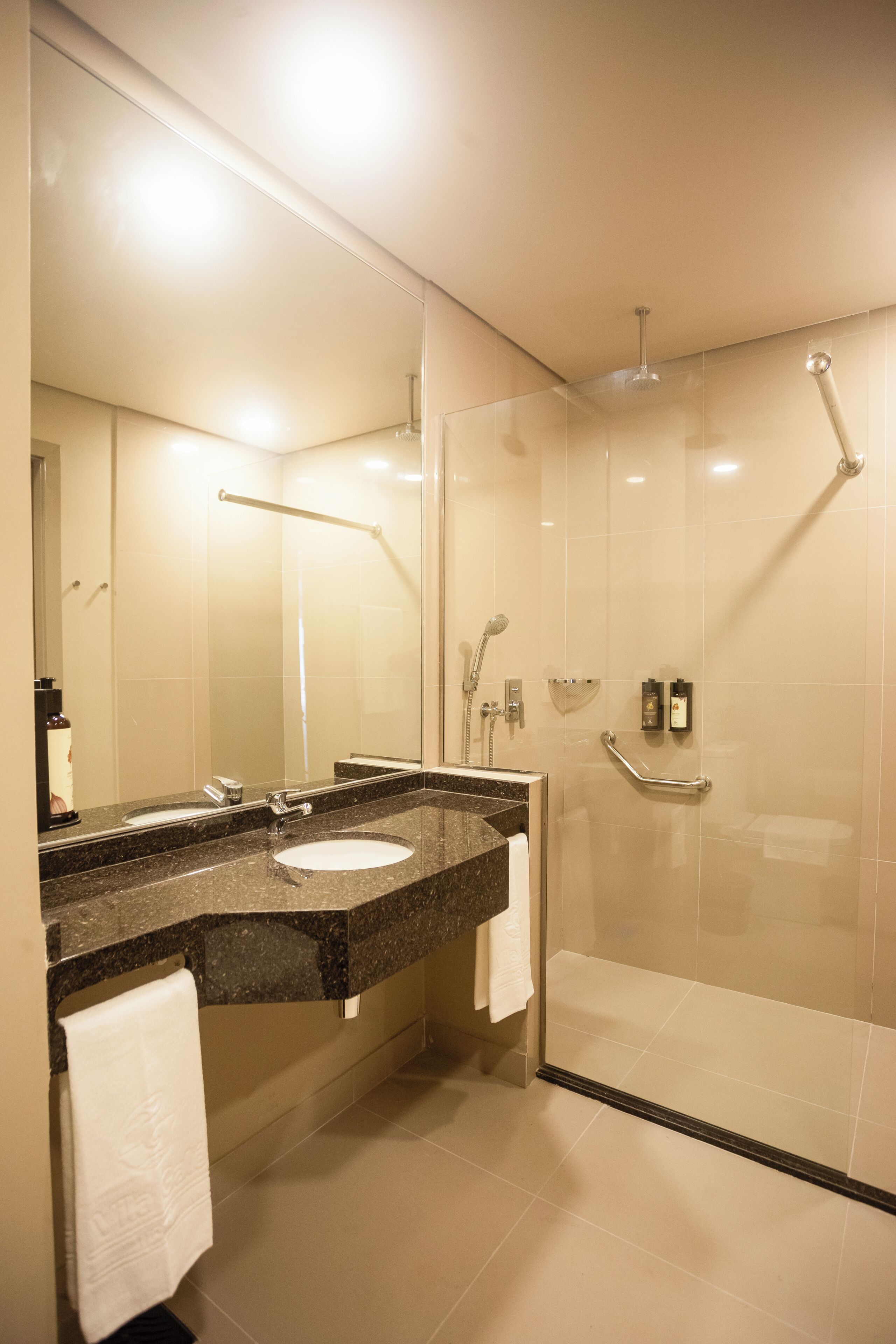 Dusj, hårføner, håndklær og såpe